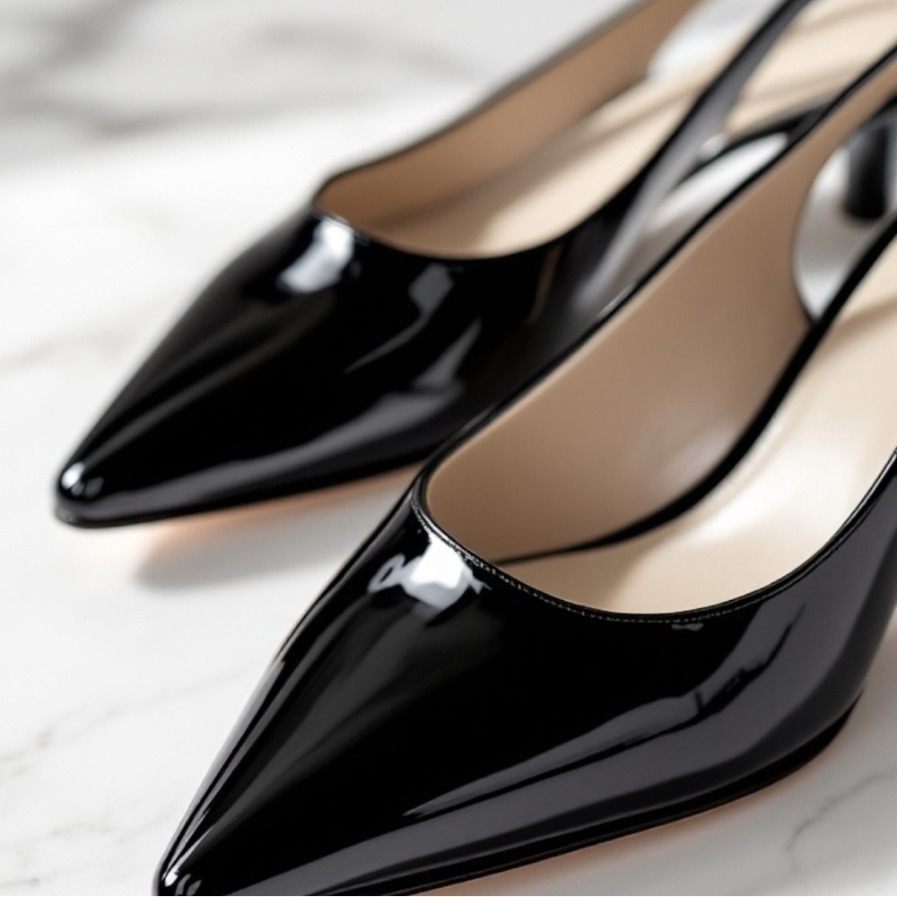 Black Textured Glossy Sling Back Heels